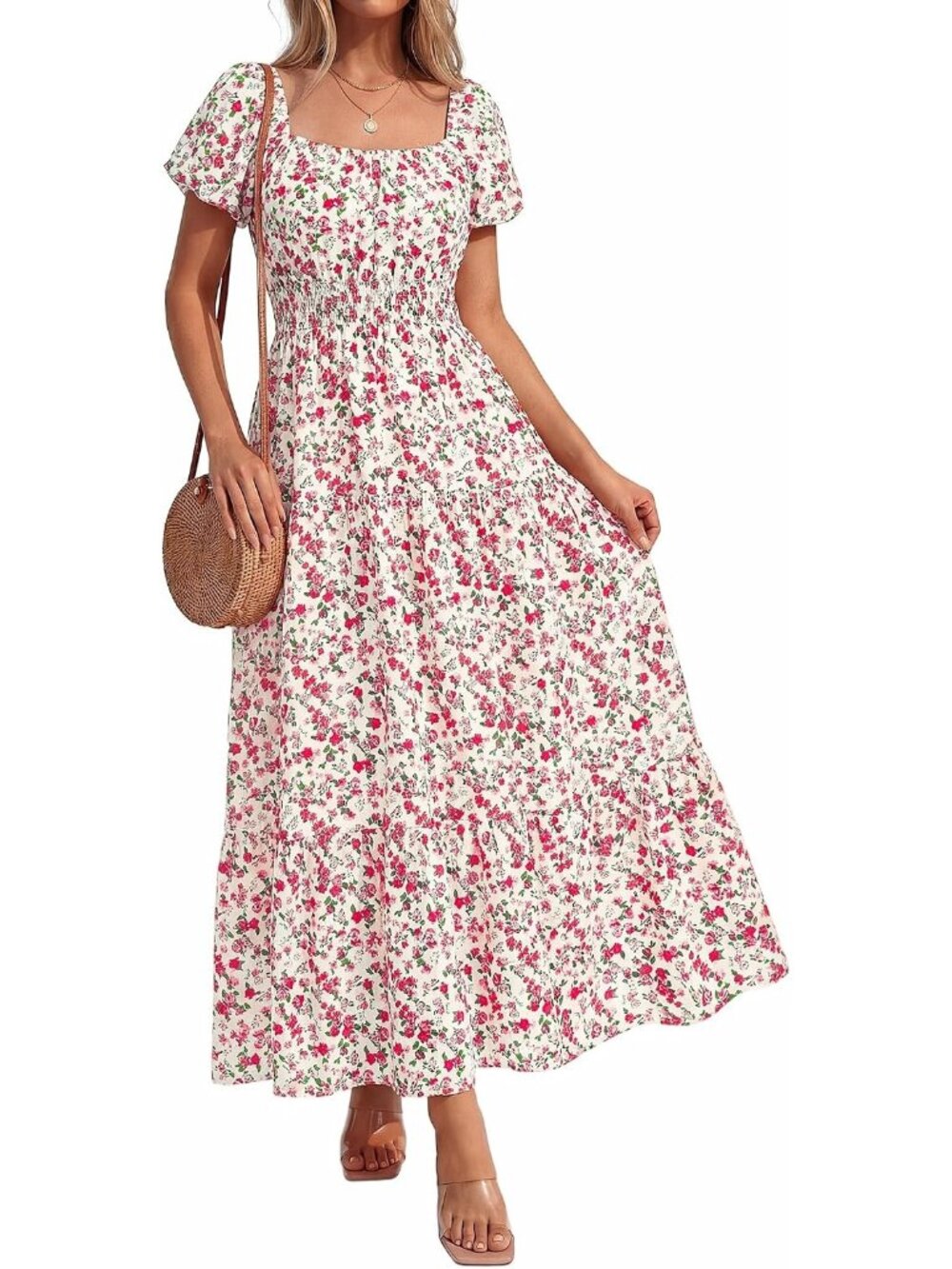 Women's Apricot Red Summer 2026 Spring Floral Short Sleeve A-Line Maxi Dresses